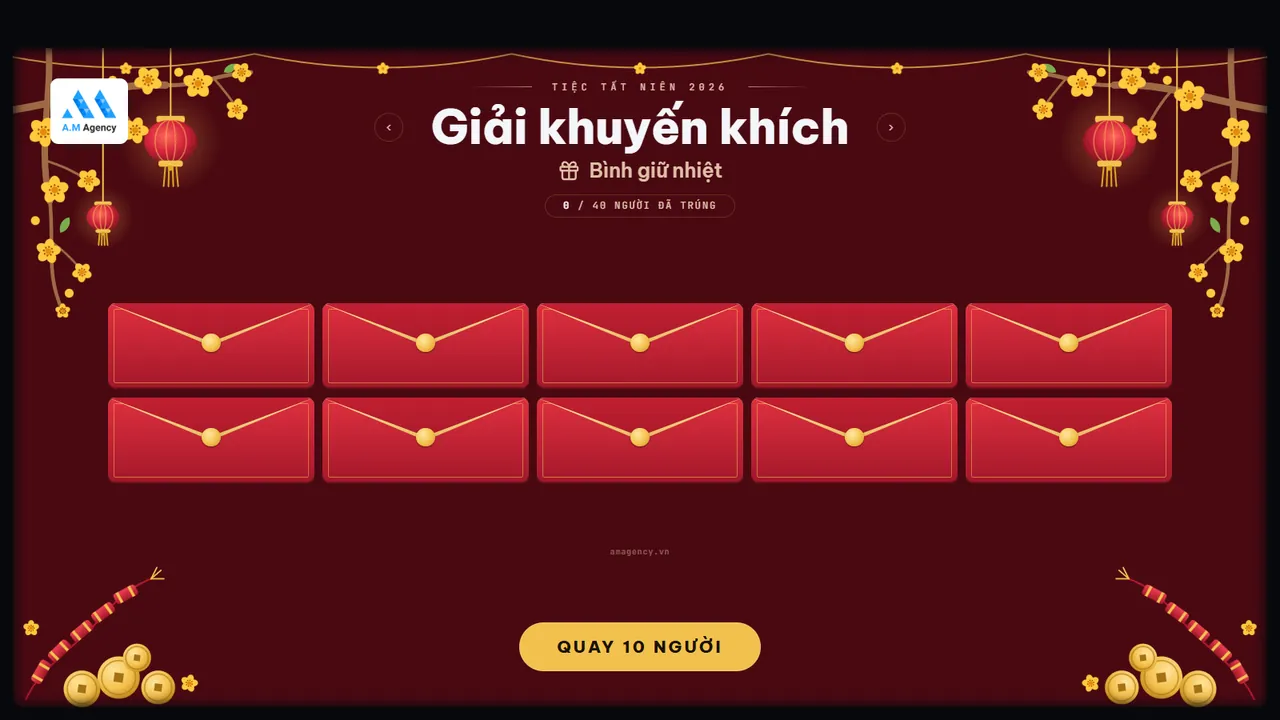 Màn quay giao diện Tết với khung hoa mai, đèn lồng và các ô bao lì xì đỏ đang chờ mở