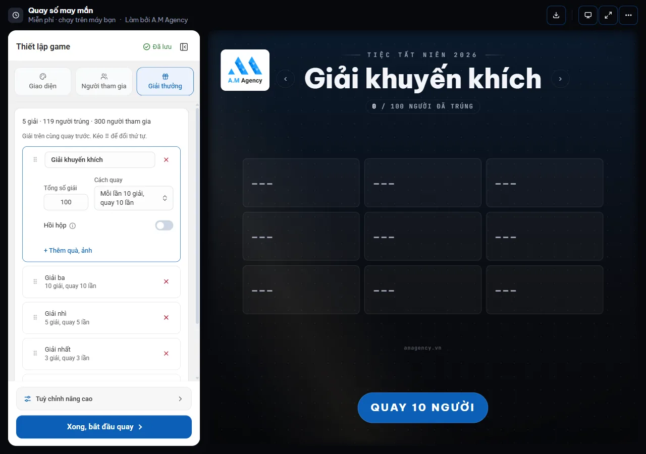 Bước Giải thưởng: thẻ Giải khuyến khích đang mở với Tổng số giải, Cách quay, công tắc Hồi hộp và nút Thêm quà, ảnh