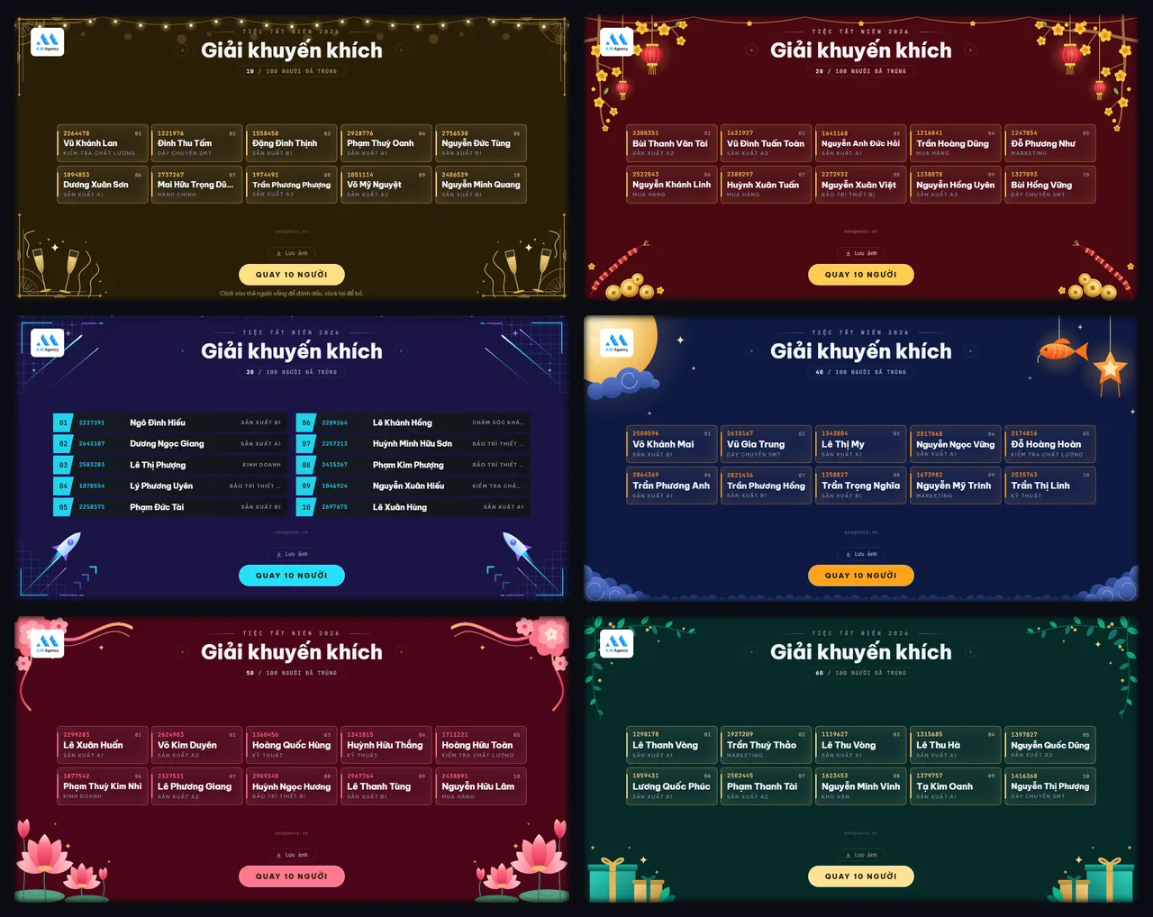 Sáu màn quay với theme Tất niên, Tết, Kick-off, Trung thu, Ngày 20/10 và Tri ân khách hàng