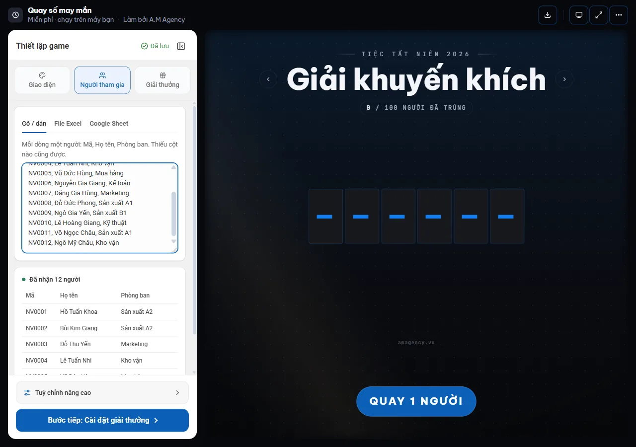 Bước Người tham gia trong bảng Thiết lập game: ba thẻ Gõ / dán, File Excel, Google Sheet và bảng xem lại người đã nhận