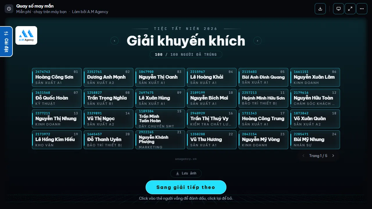 Quay 100 người một lượt với theme Công nghệ neon, kết quả xếp thành lưới thẻ có mã số, họ tên và phòng ban, tự chia trang