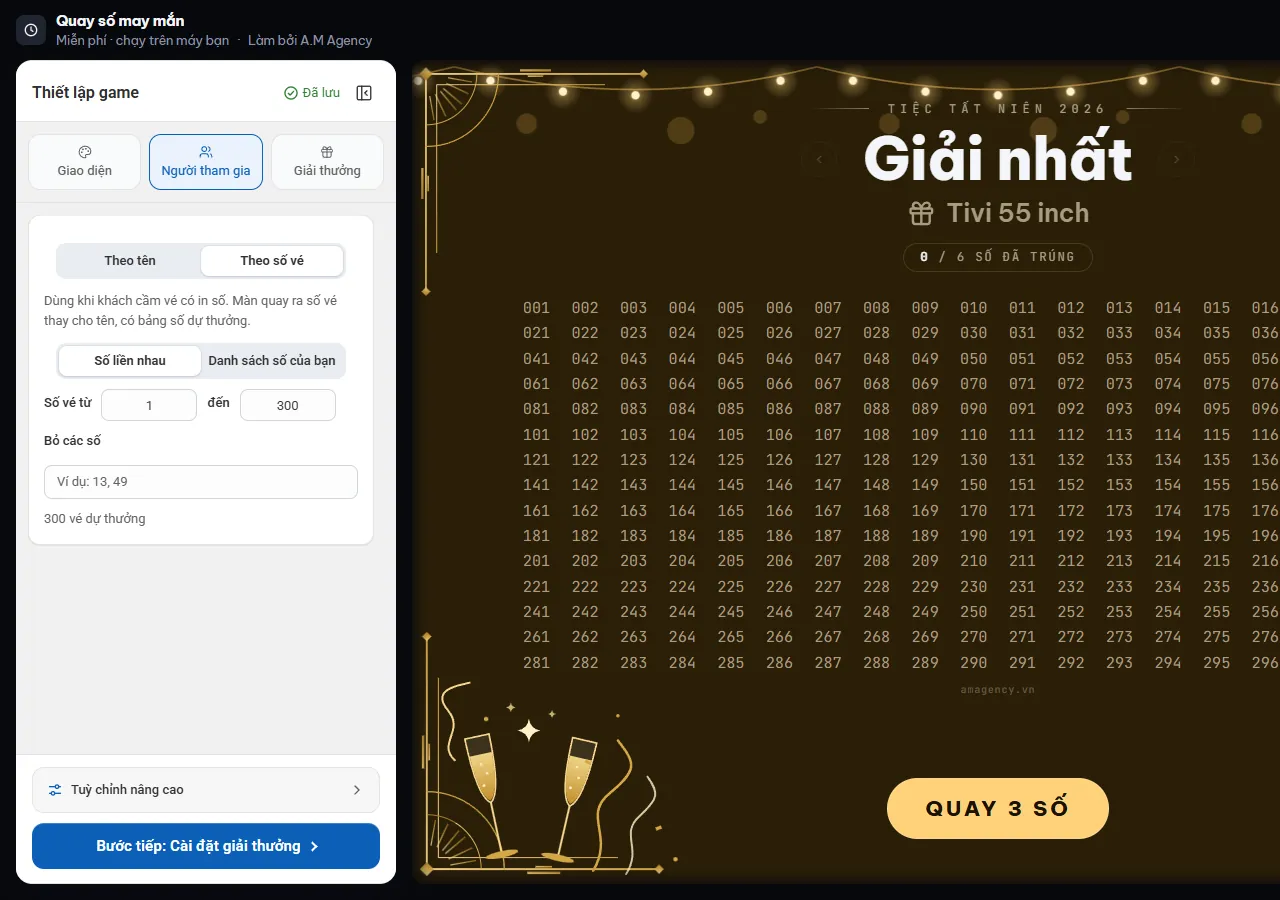 Bước Người tham gia với lựa chọn Theo số vé, ô số vé từ 1 đến 300 và ô Bỏ các số