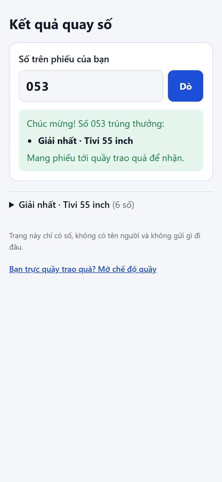 Trang dò số trên điện thoại: khách gõ số trên phiếu và nhận kết quả trúng giải nào
