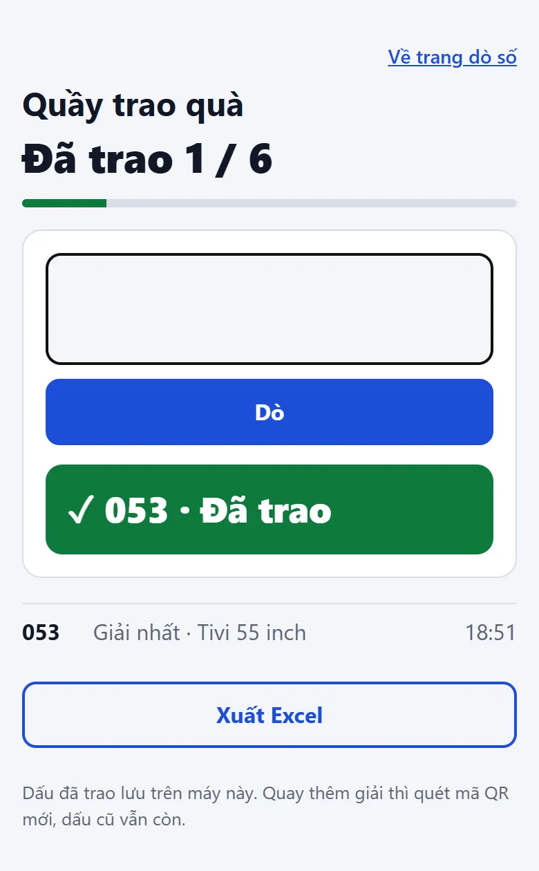 Chế độ Quầy trao quà: đã trao 1 trên 6 phần quà, số 053 vừa được đánh dấu Đã trao kèm giờ trao và nút Xuất Excel