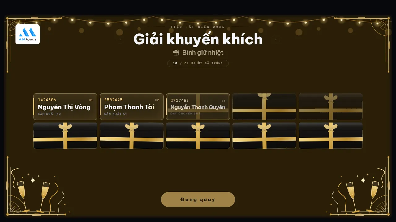 Màn quay theme Tất niên với các ô Hộp quà vàng: hộp đen nơ vàng đang mở ra tên người trúng