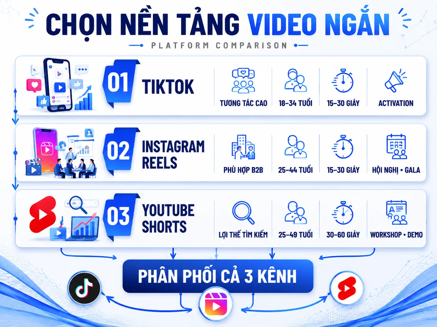 So sánh TikTok, Instagram Reels và YouTube Shorts cho sự kiện doanh nghiệp