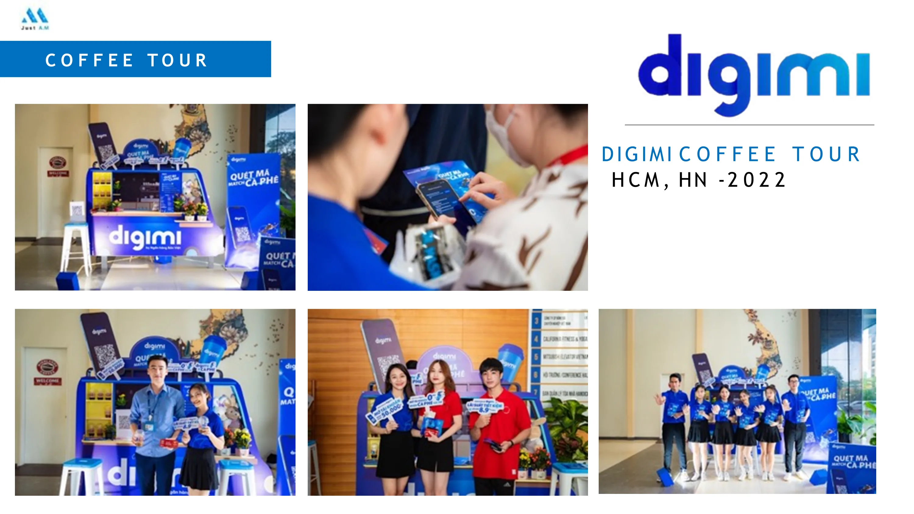 Đội activation DIGIMI Coffee Tour - setup booth và tương tác khách hàng tại tòa nhà văn phòng