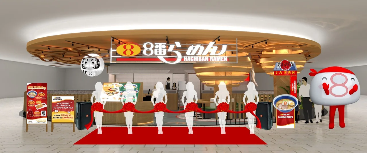 Phối cảnh 3D khu vực khai trương trước cửa nhà hàng Hachiban Ramen với thảm đỏ, hàng PG cắt băng, khung check-in và linh vật