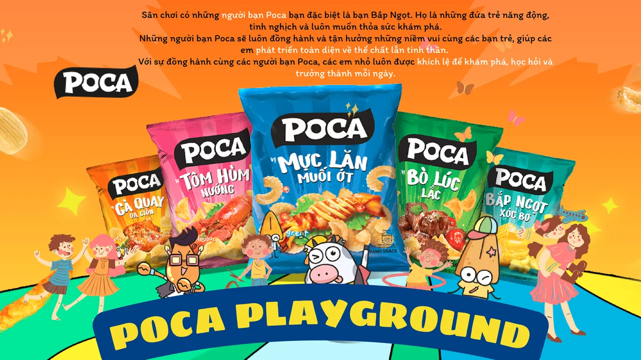 Poca Playground, key visual của booth với các nhân vật và những gói bánh Poca