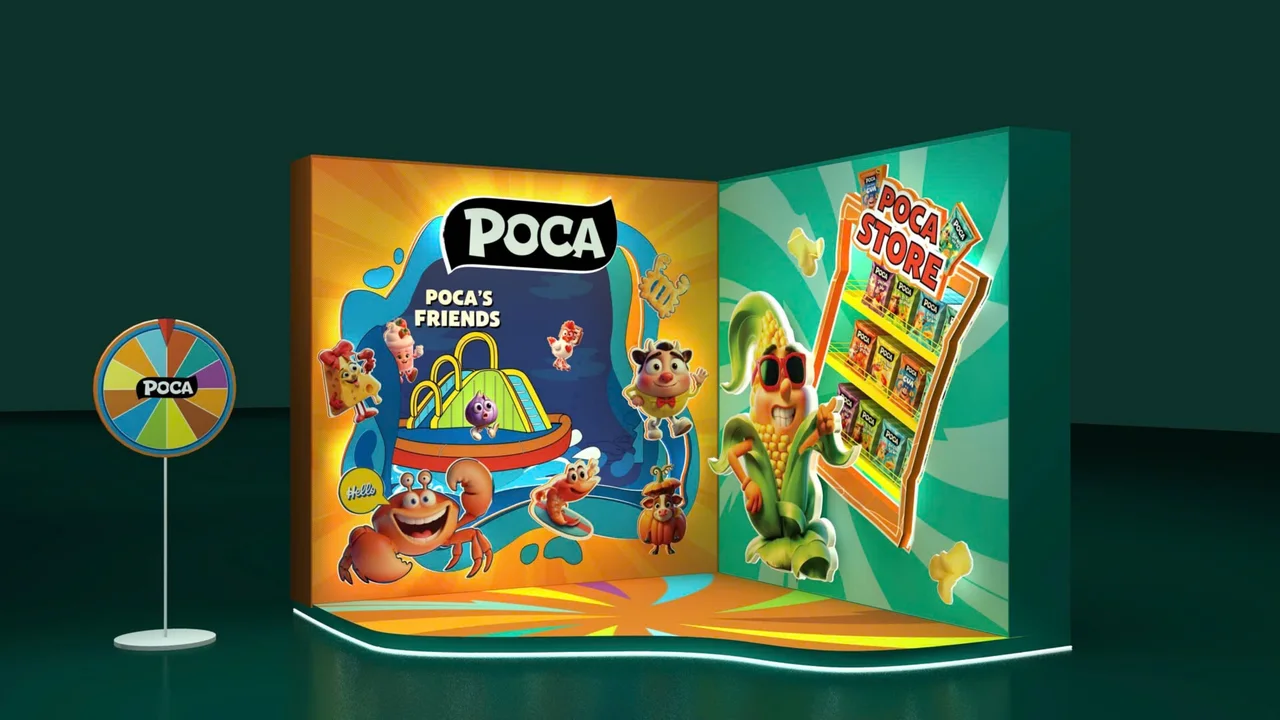 Phối cảnh 3D booth Poca Playground với vách nhân vật, kệ trưng bày bánh và vòng quay may mắn
